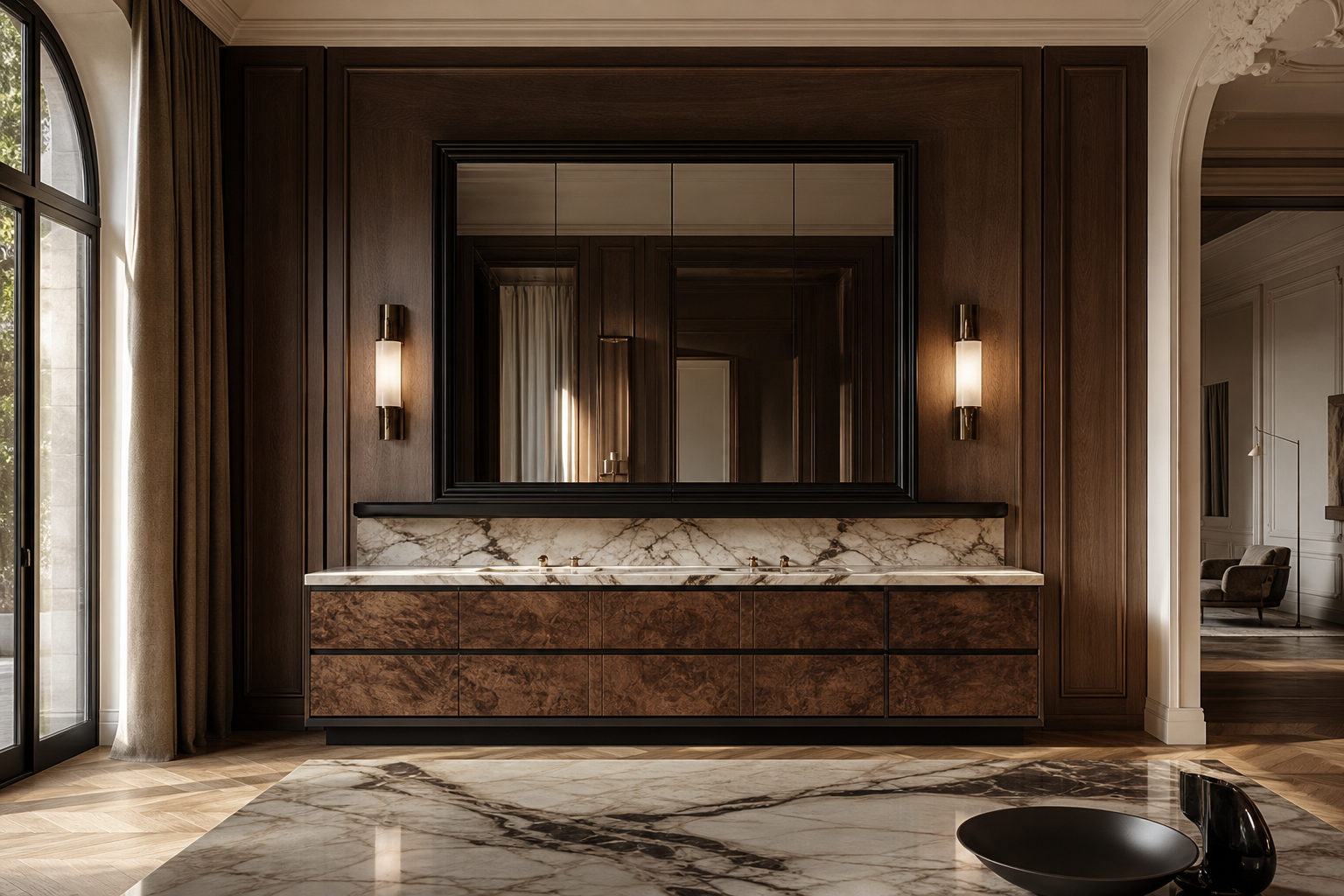 Fadior Solstice Bath and Vanity Suite with Thermal Mirror Grooming Ledge — interior room context showing cabinet integration