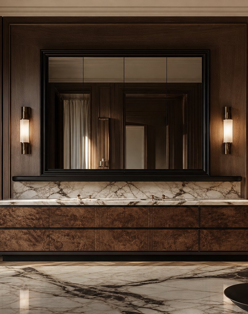Fadior Solstice Bath and Vanity Suite with Thermal Mirror Grooming Ledge — interior room context showing cabinet integration