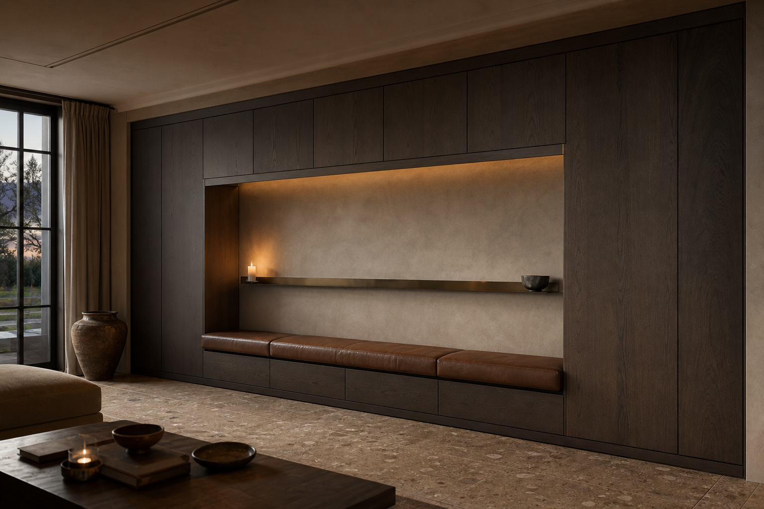 Fadior Patina Living Room Suite with Bronze Datum Media Alcove — 304 stainless steel living room system, front view