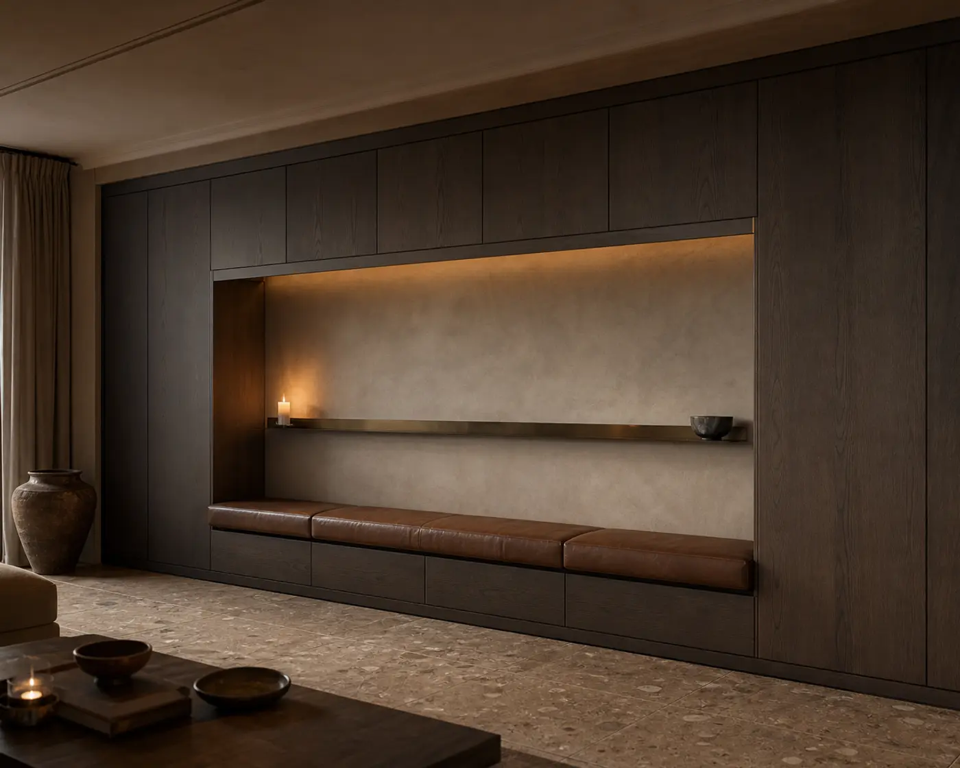 Fadior stainless steel living room media wall with display shelving and concealed storage