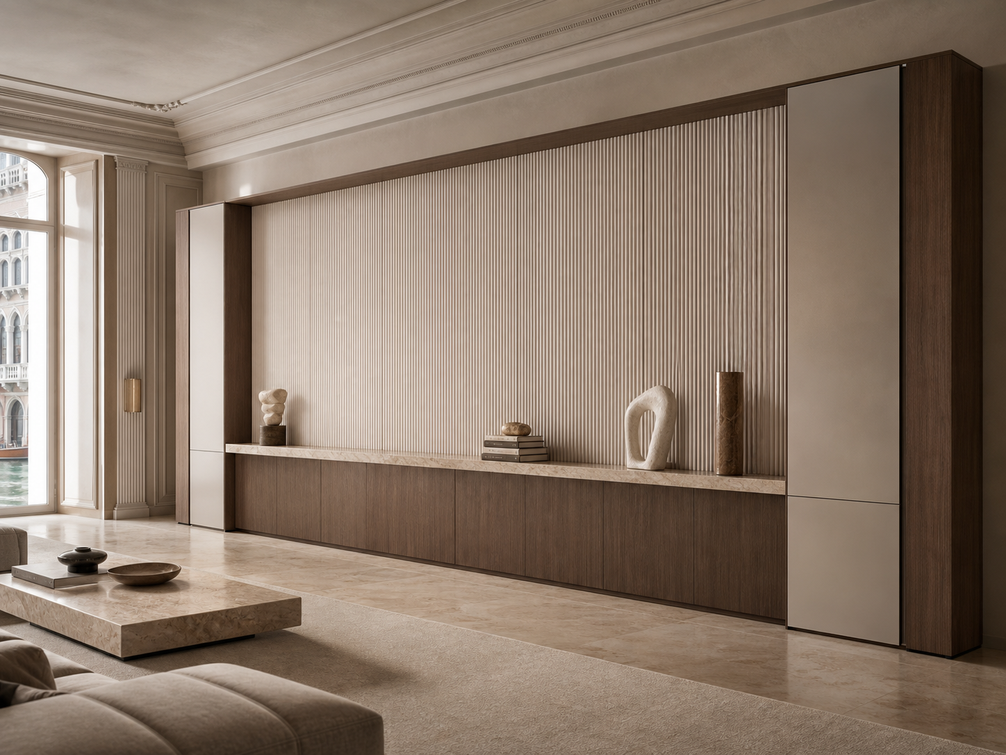 Fadior Veneto Living Room Suite with Reeded Library Projection Wall — interior room context showing cabinet integration