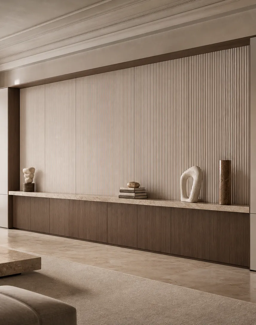 Fadior Veneto Living Room Suite with Reeded Library Projection Wall — interior room context showing cabinet integration