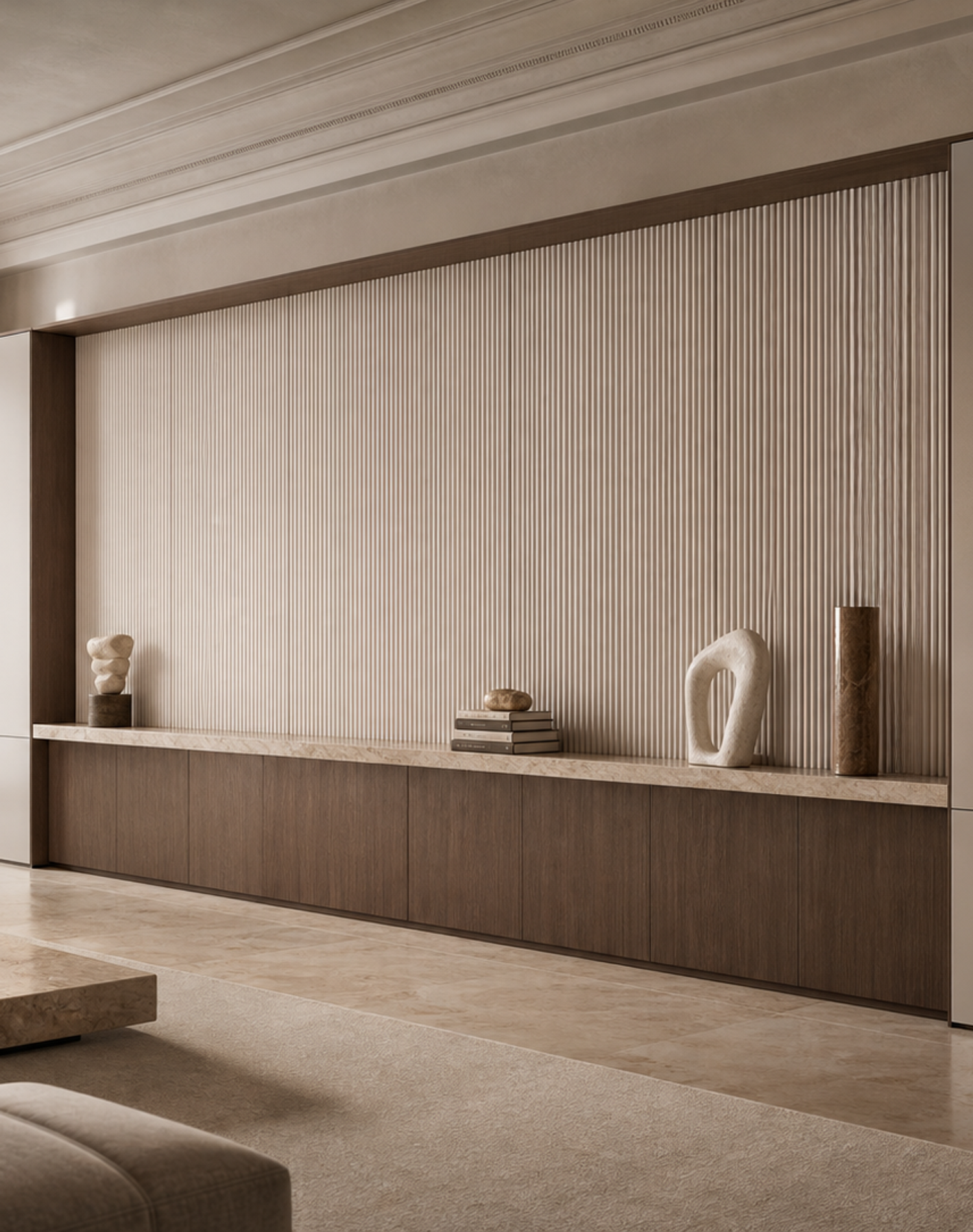 Fadior Veneto Living Room Suite with Reeded Library Projection Wall — interior room context showing cabinet integration