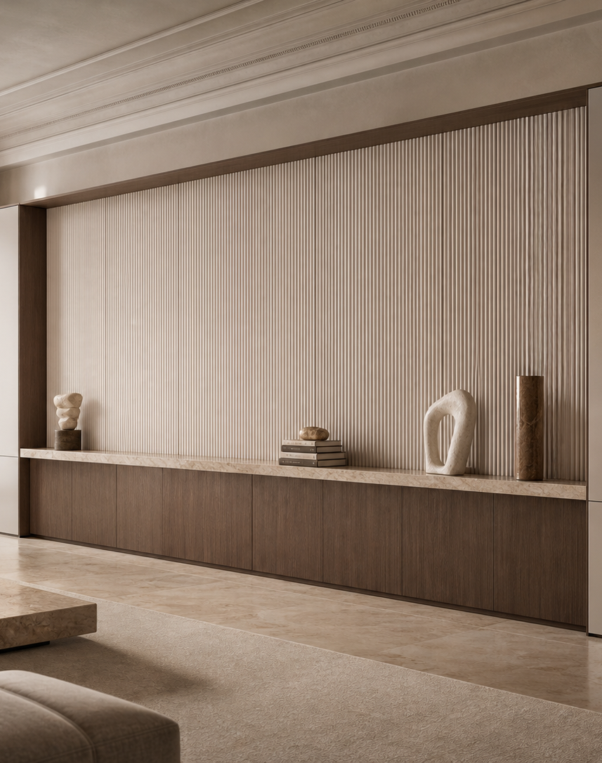 Fadior Veneto Living Room Suite with Reeded Library Projection Wall — interior room context showing cabinet integration