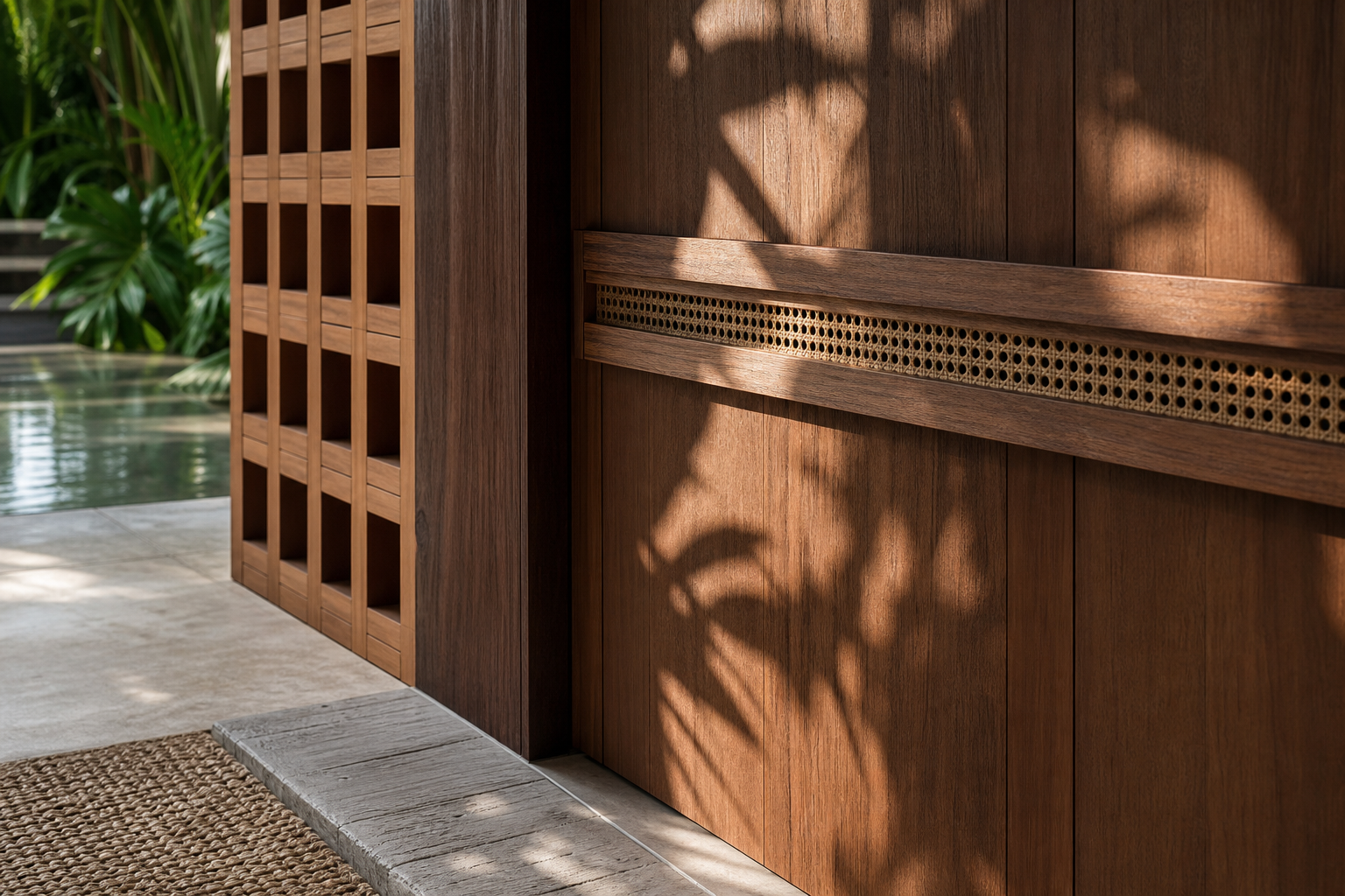 Fadior Alabaster Interior Door Suite with Rationalist Rail Pivot Door — close-up of stainless steel finish and hardware