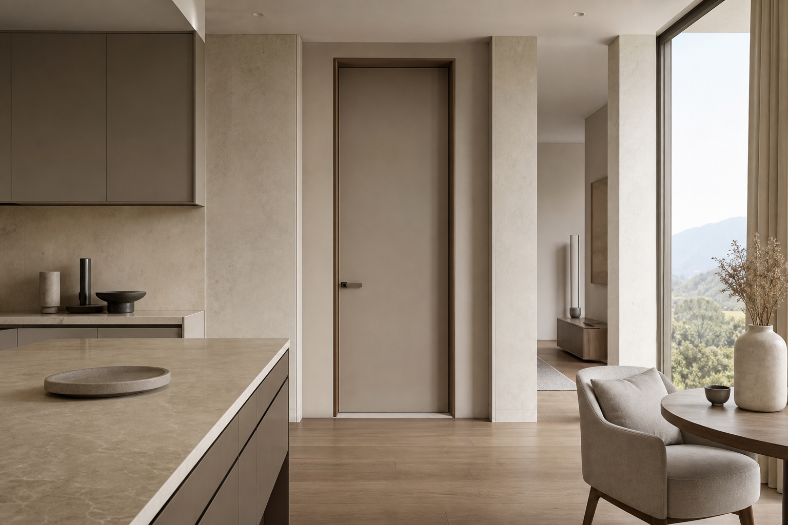 Fadior Alabaster Interior Door Suite with Chamfered Jamb Gallery Door — lifestyle setting with natural light and residential