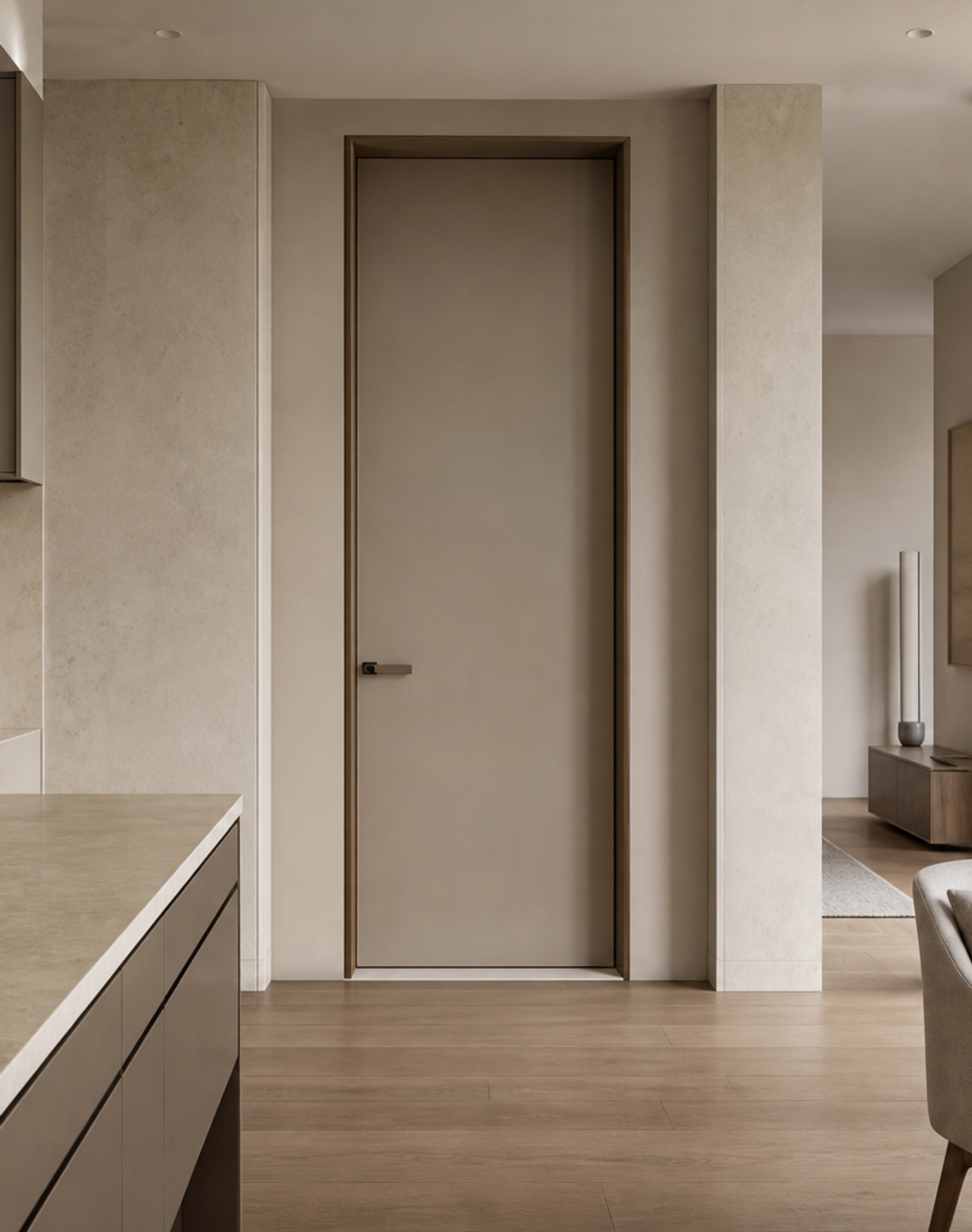 Fadior Alabaster Interior Door Suite with Chamfered Jamb Gallery Door — lifestyle setting with natural light and residential