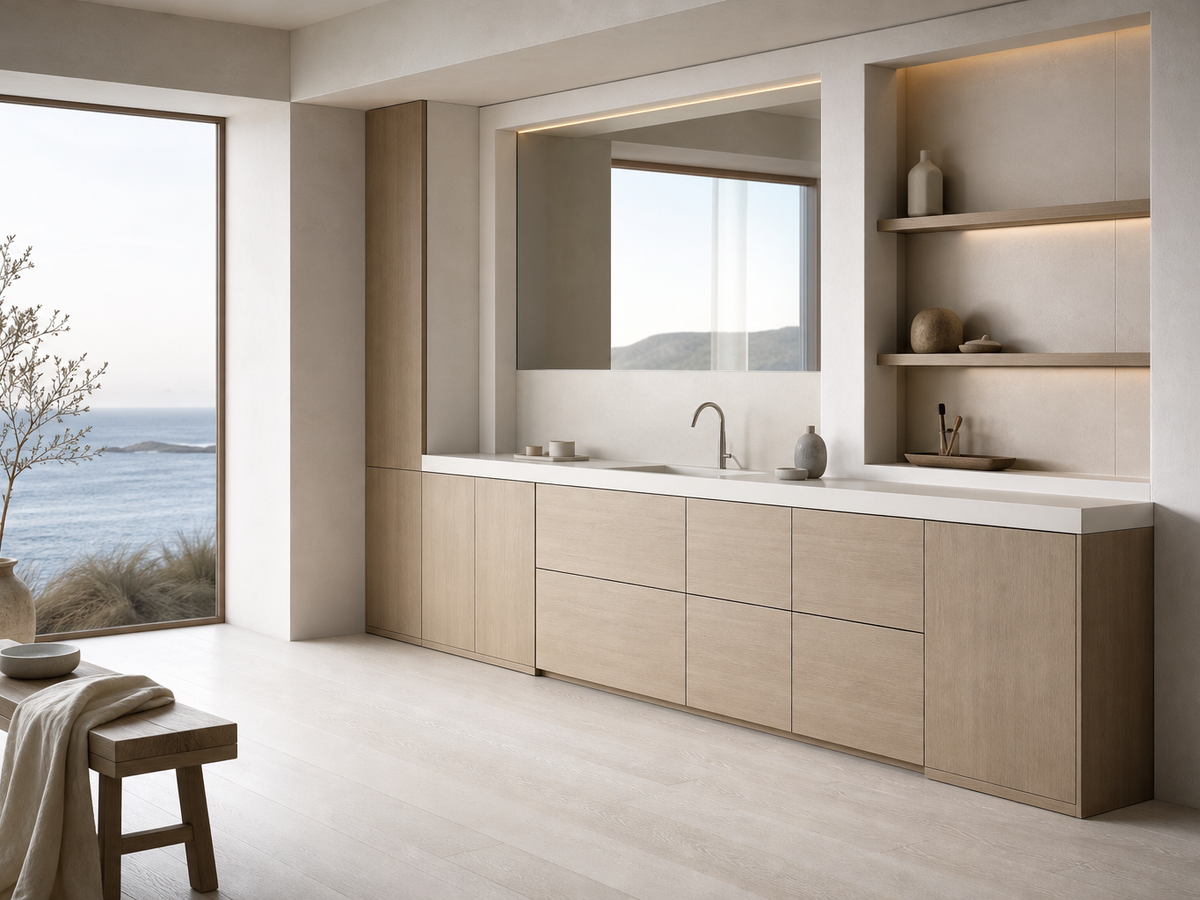 Fadior Ethereal Bath and Vanity Suite with Pearl Recessed Care Ledge — 304 stainless steel bath and vanity system, front view