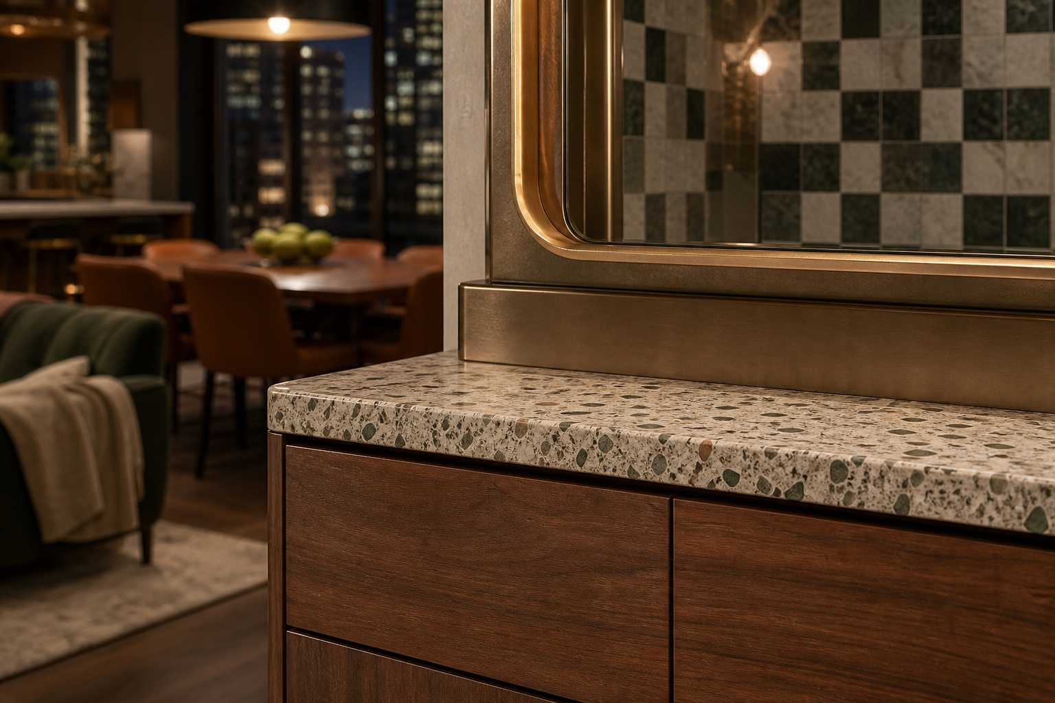 Fadior Verve Bath and Vanity Suite with Bronze Mirror Plinth — close-up of stainless steel finish and hardware detail