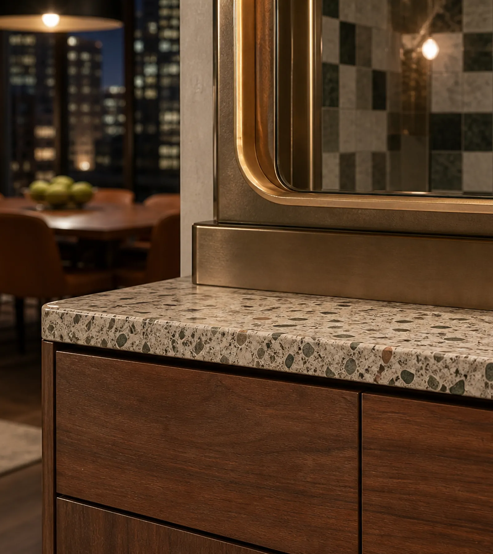 Suite de Baño y Tocador Verve con Peana de Espejo en Bronce acabado y detalle