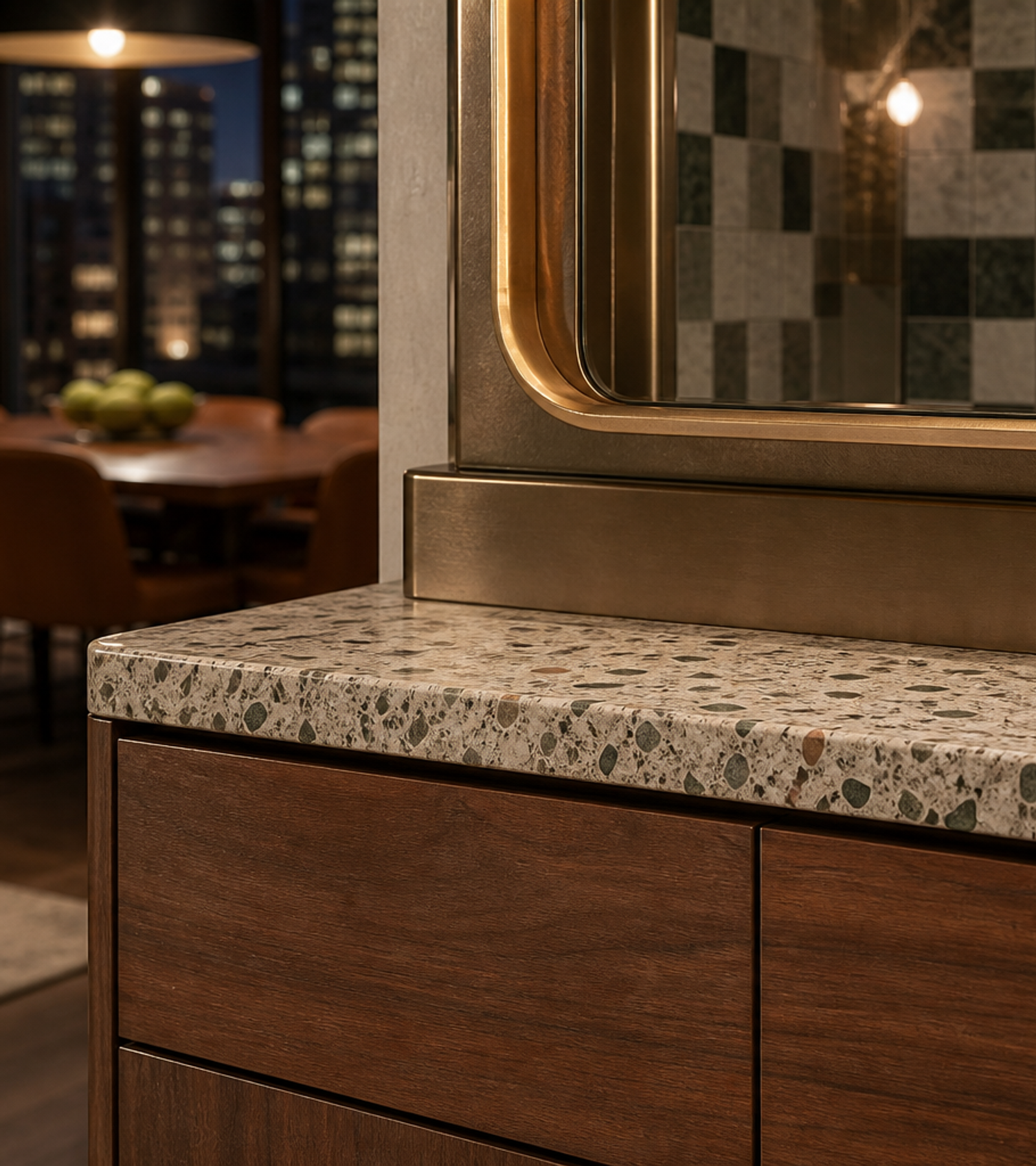 Fadior Verve Bath and Vanity Suite with Bronze Mirror Plinth — close-up of stainless steel finish and hardware detail