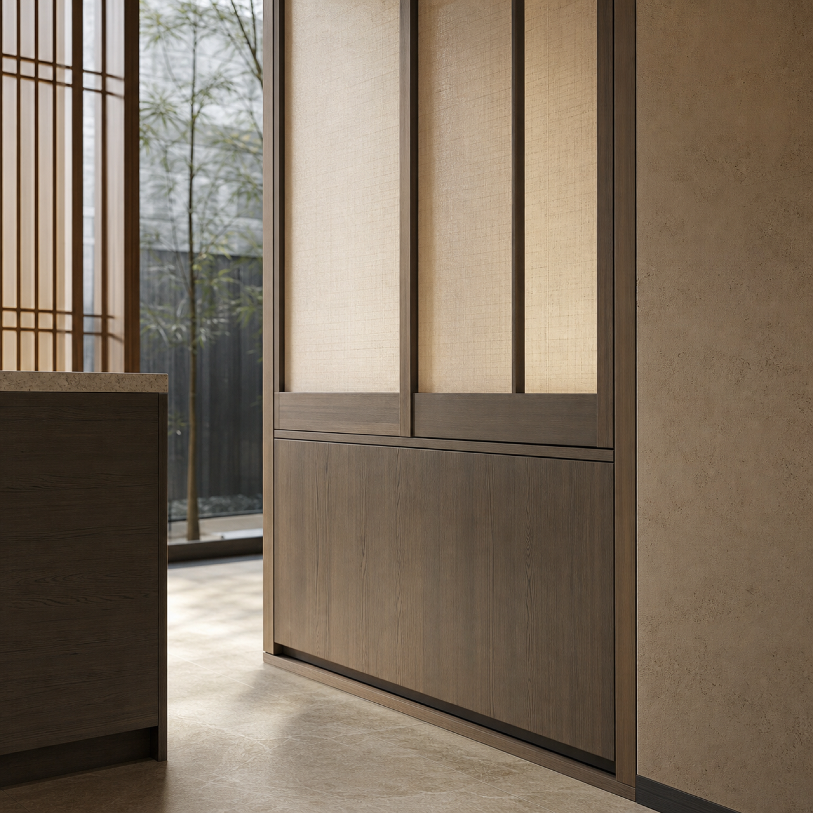 Fadior Lumiere Wardrobe Suite with Shoji Veil Dressing Screen — close-up of stainless steel finish and hardware detail