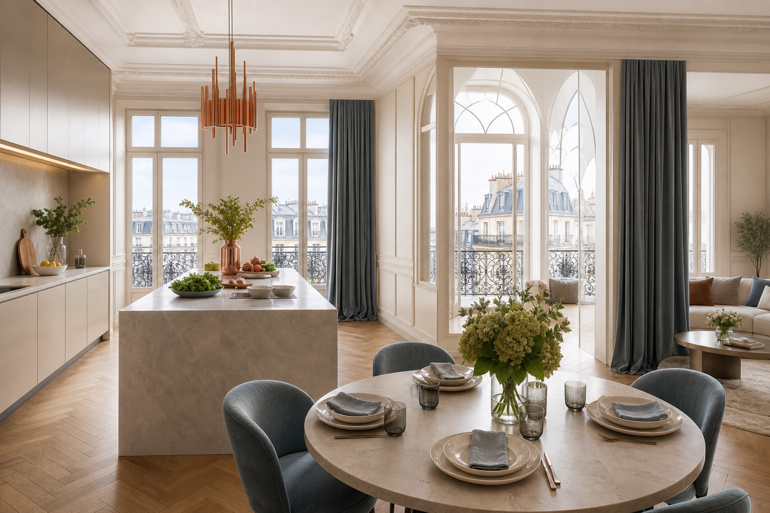 Lifestyle context scene with a Parisian kitchen, dining table, and prepared ingredients for weekly family routines.