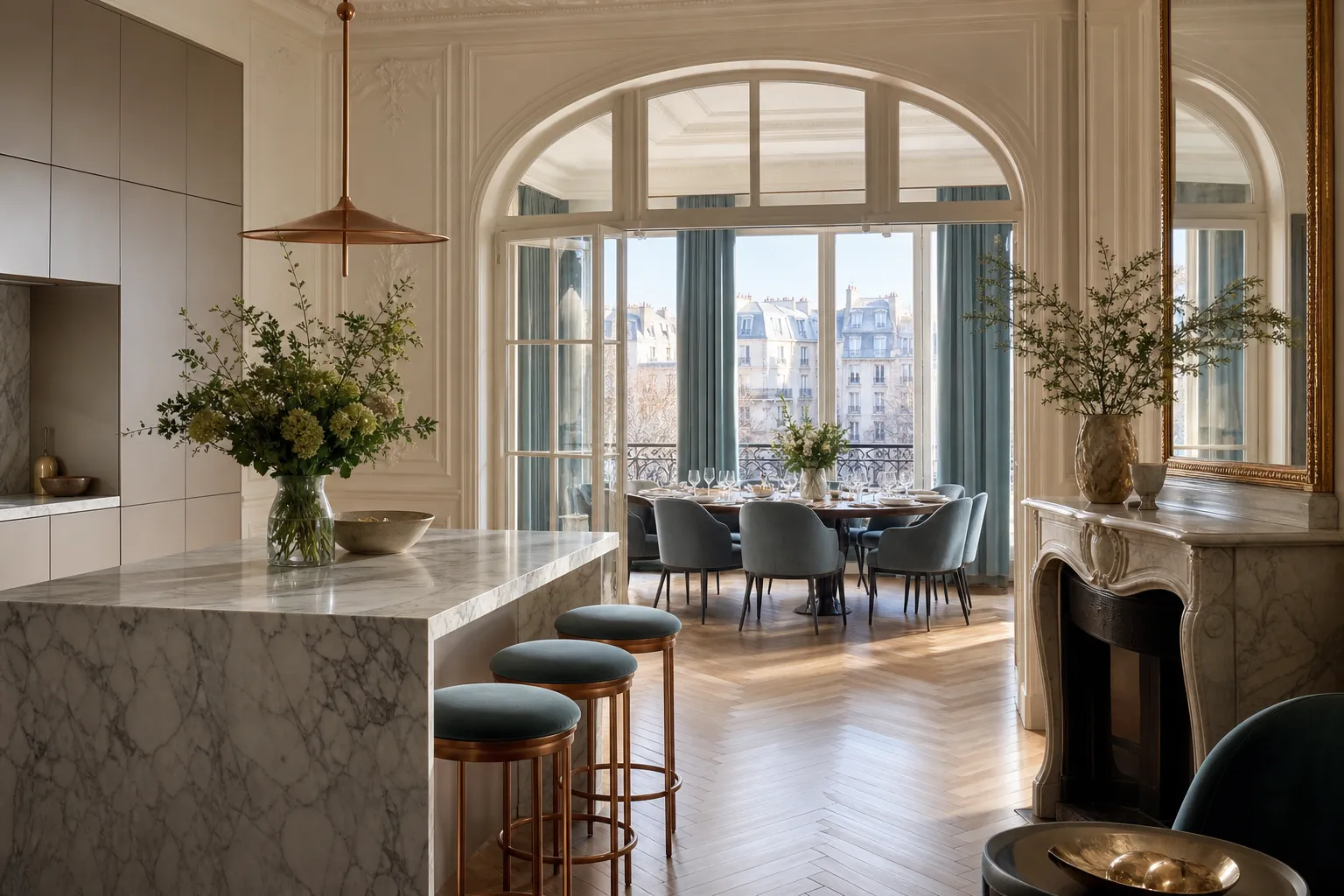 Quiet Paris family kitchen prepared for an evening meal with warm taupe and cream tones