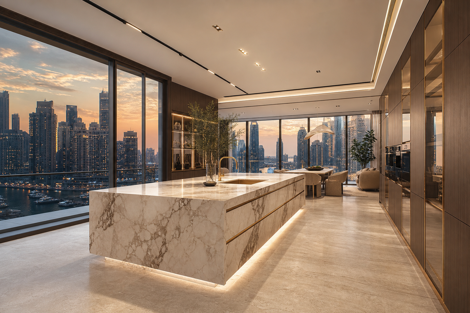 Fadior Dubai 280 sqm Kitchen Penthouse — Zaha — marble island, champagne cabinets, travertine floor, dining table, — 304 stainless steel cabinetry installation by Fadior