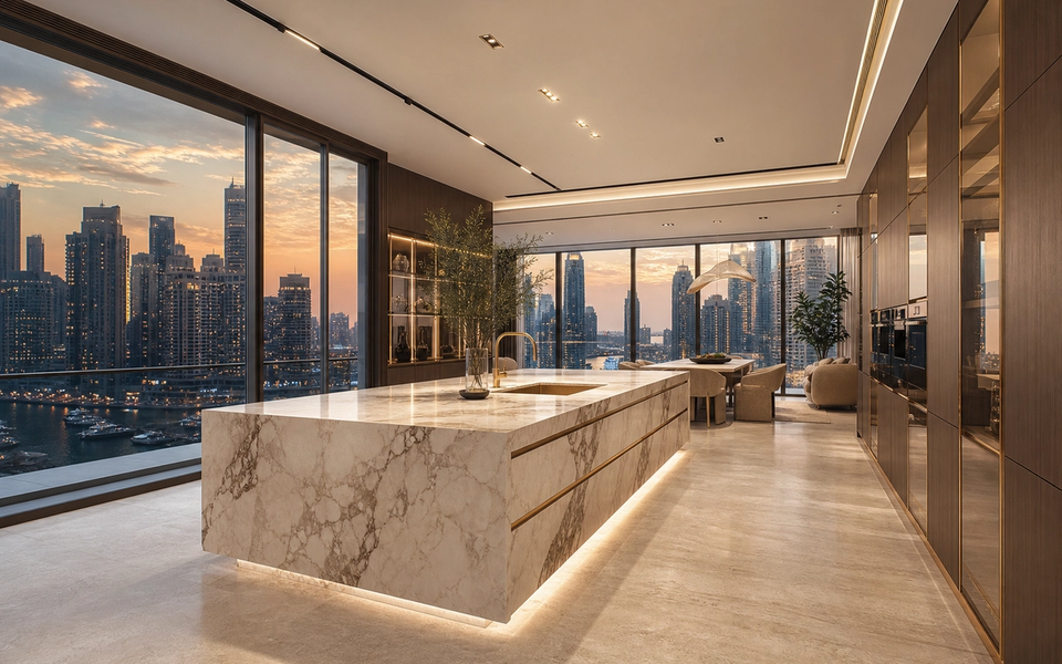 Fadior Dubai 280 sqm Kitchen Penthouse — Zaha — marble island, champagne cabinets, travertine floor, dining table, — 304 stainless steel cabinetry installation by Fadior