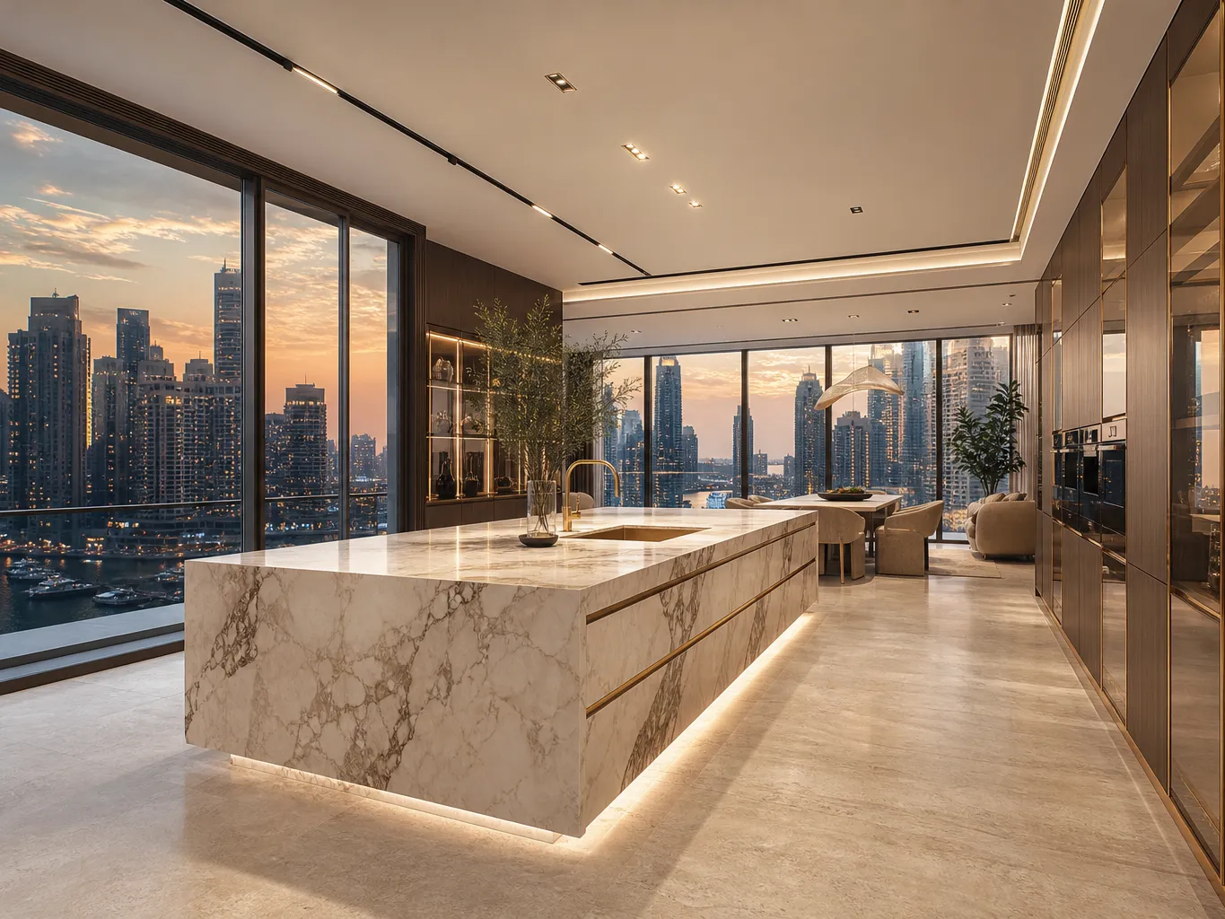 Fadior Dubai 280 sqm Kitchen Penthouse — Zaha — marble island, champagne cabinets, travertine floor, dining table,