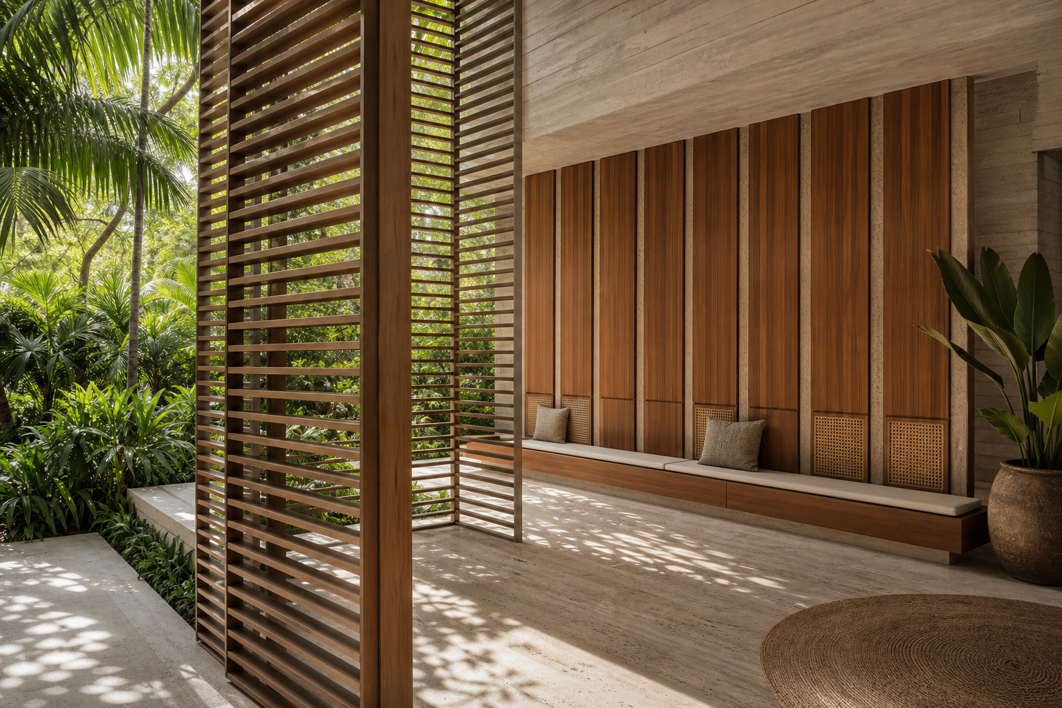 Fadior Terrazzo Wall Panel Suite with Segmented Bench Backdrop — interior room context showing cabinet integration