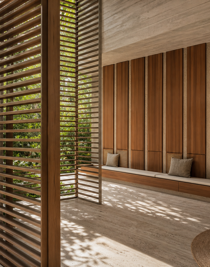 Fadior Terrazzo Wall Panel Suite with Segmented Bench Backdrop — interior room context showing cabinet integration
