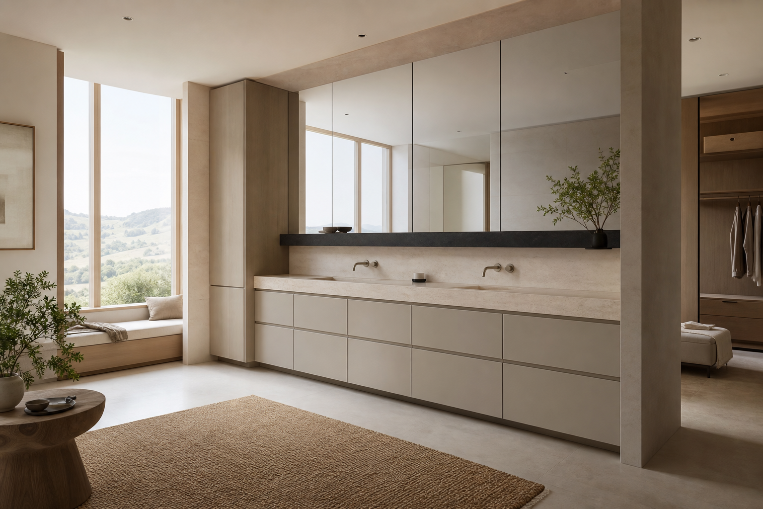 Fadior Voyage Bath Vanity Suite with Obsidian Wash Lintel — interior room context showing cabinet integration