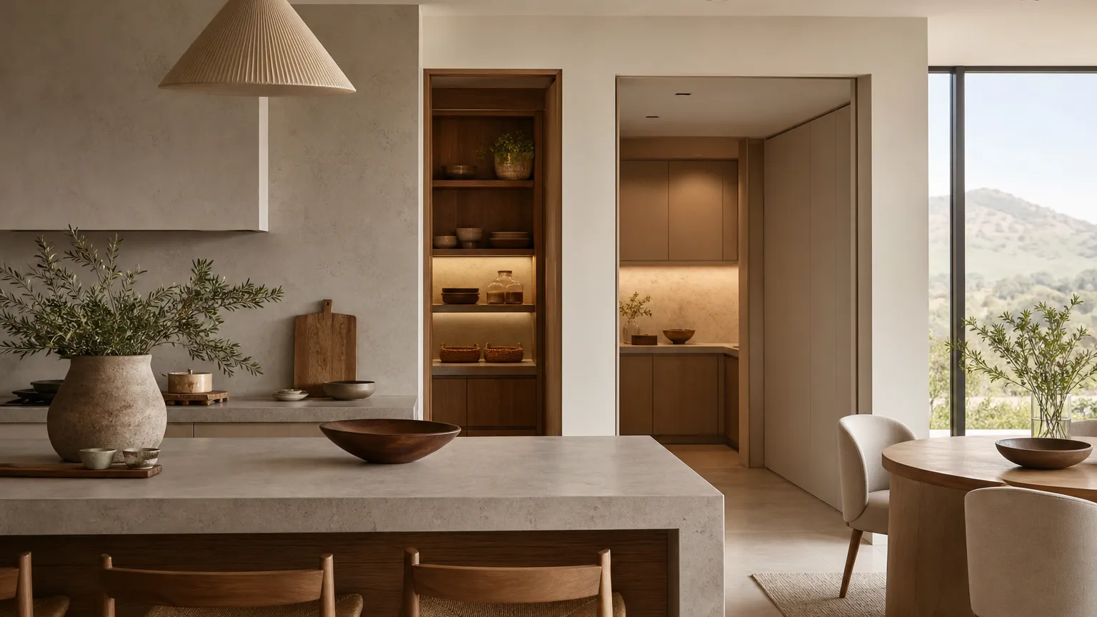 Luxury kitchen storage wall with hidden pantry and breakfast nook
