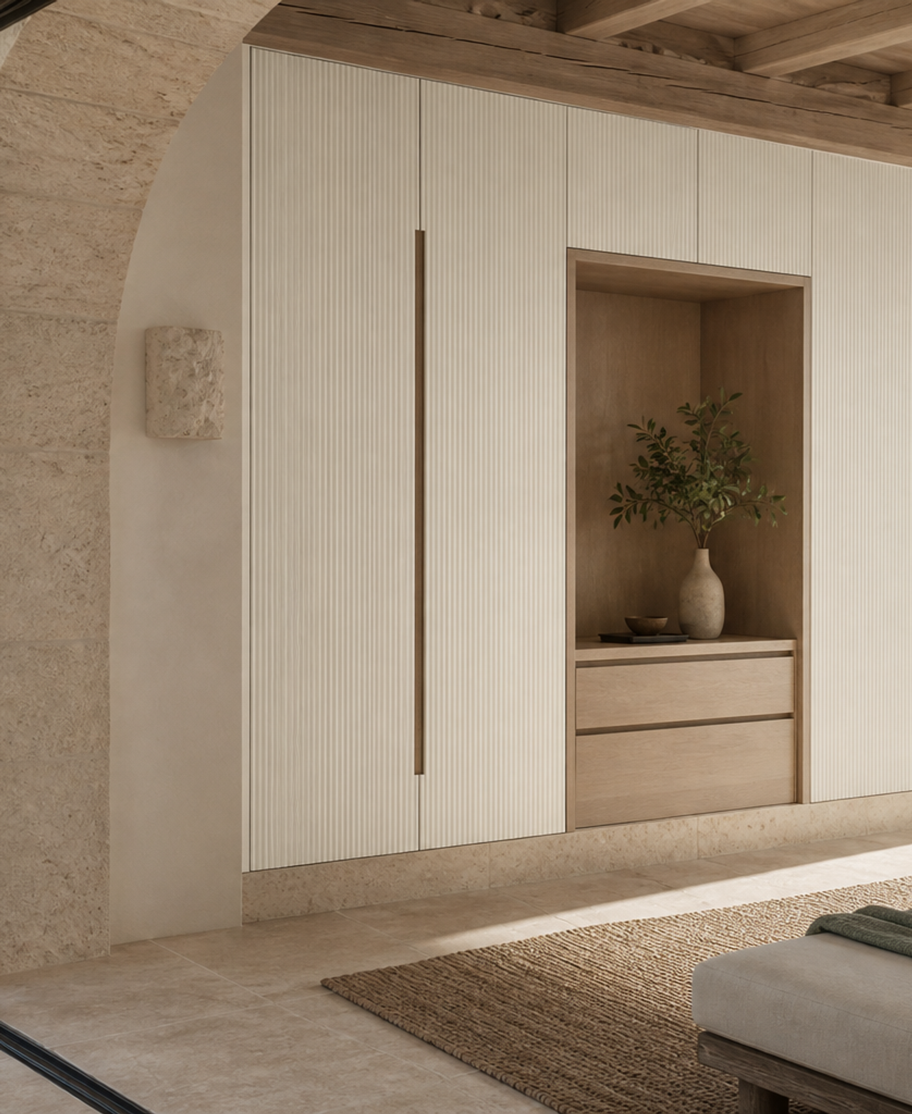 Fadior Lumiere Wardrobe Suite with Fluted Ivory Valet Alcove — 304 stainless steel wardrobe system, front view