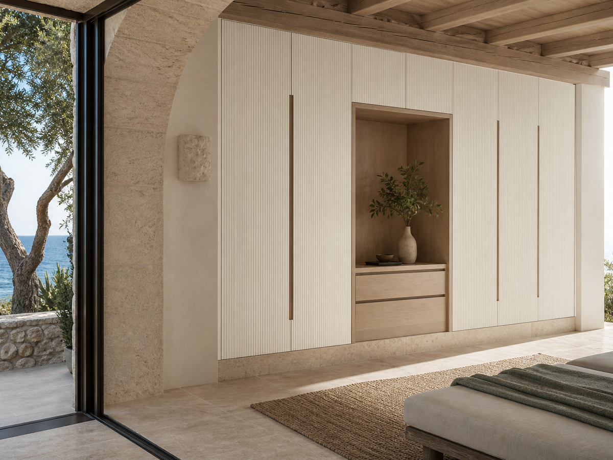 Fadior Lumiere Wardrobe Suite with Fluted Ivory Valet Alcove — 304 stainless steel wardrobe system, front view