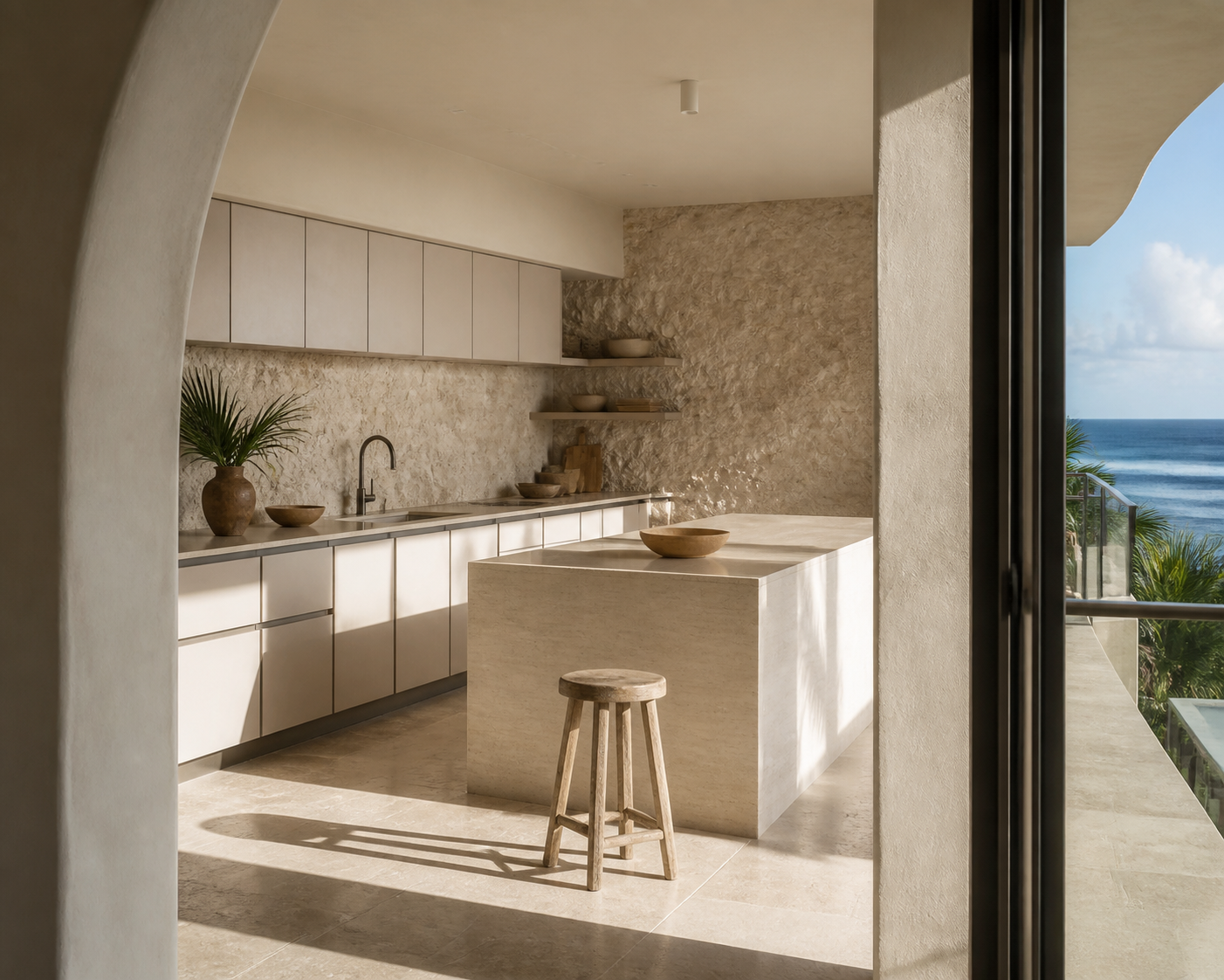 Fadior Miami 85 sqm Kitchen Apartment — Kitchen counter with island, limestone wall, travertine floor and balcony window