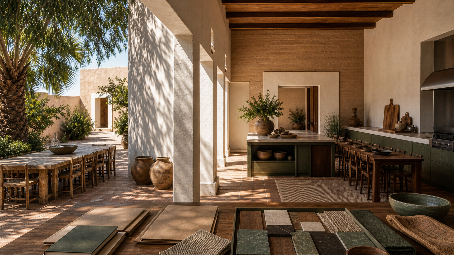 Atmosphere view: sunlit courtyard kitchen with unmarked material trays for AI kitchen briefing.