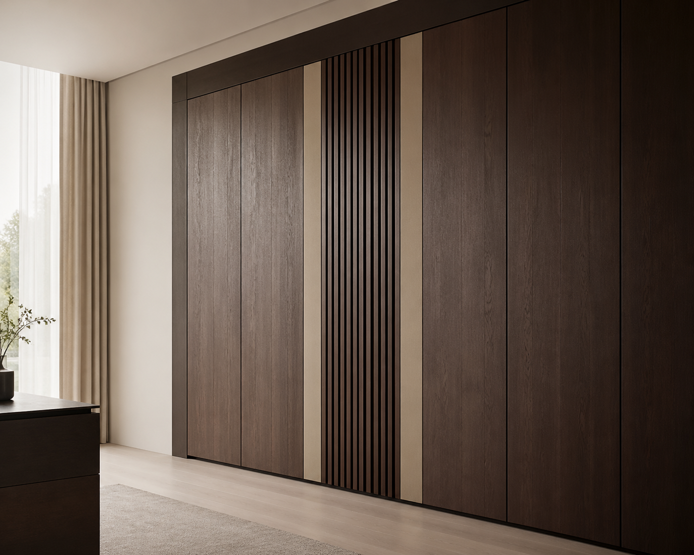 Fadior Onyx Wardrobe Suite with Monolithic Dressing Spine — close-up of stainless steel finish and hardware detail