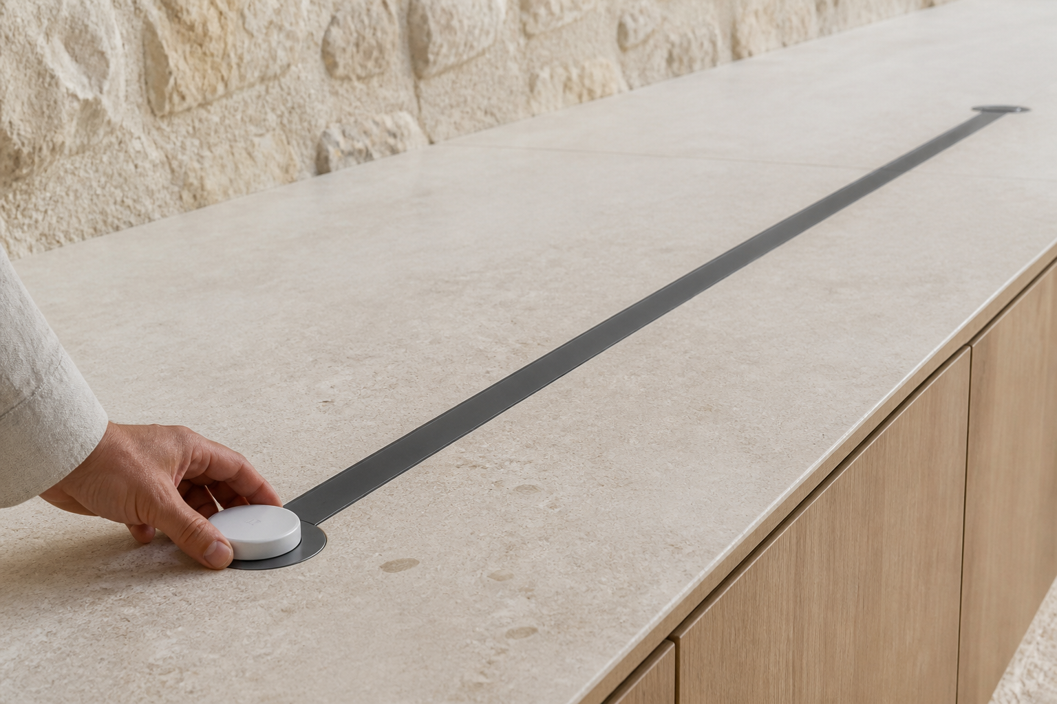 Fadior Terrena Kitchen Suite with Sensor-Ready Worktop Spine — close-up of stainless steel finish and hardware detail