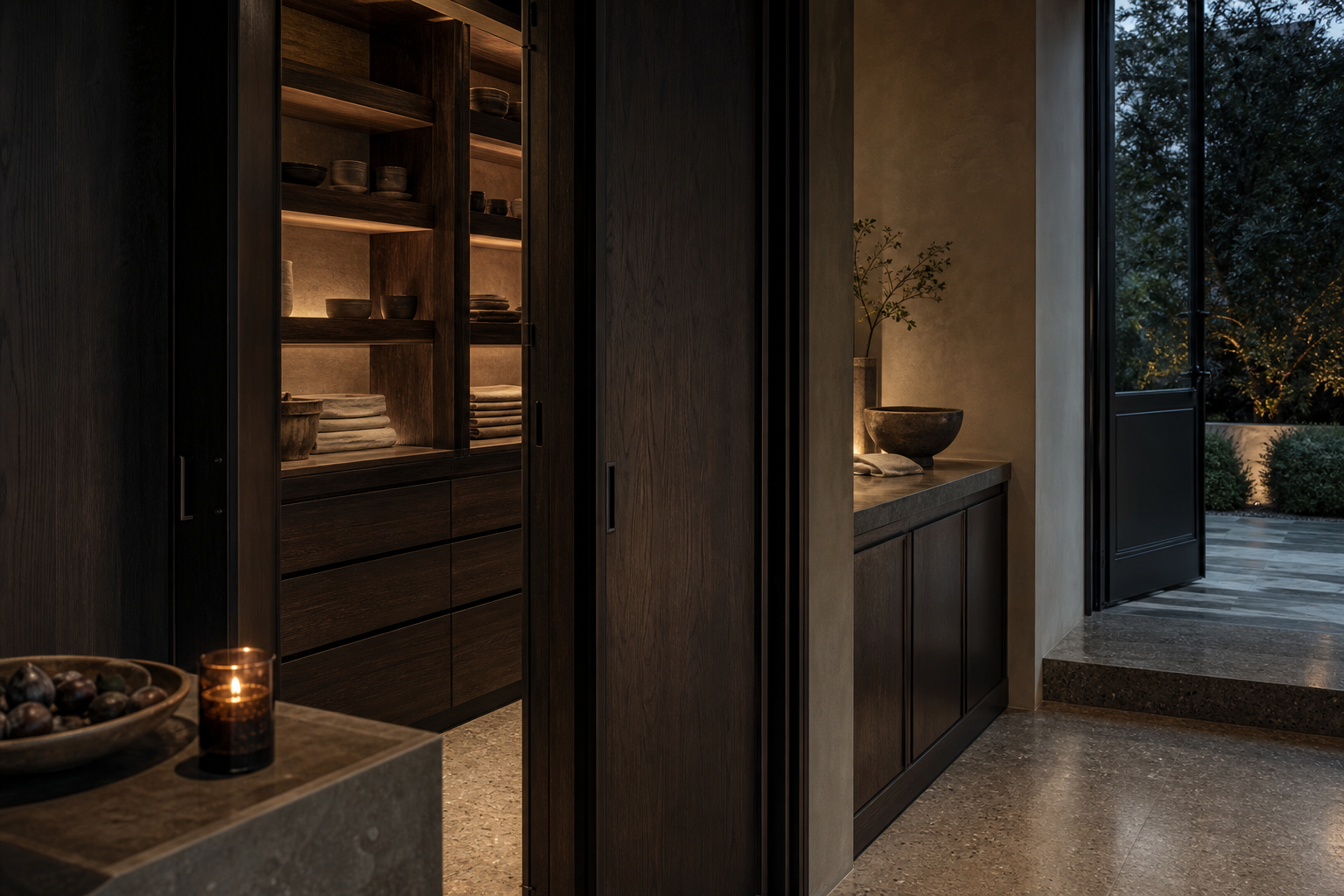 Fadior Budapest 450 sqm Kitchen Villa - pantry shelves, service counter, cabinet drawers, terrazzo floor