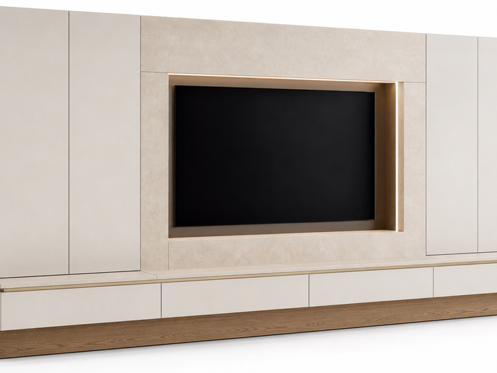 Fadior Silvan Living Room Suite with Lowline Media Hearth — 304 stainless steel living room system, front view