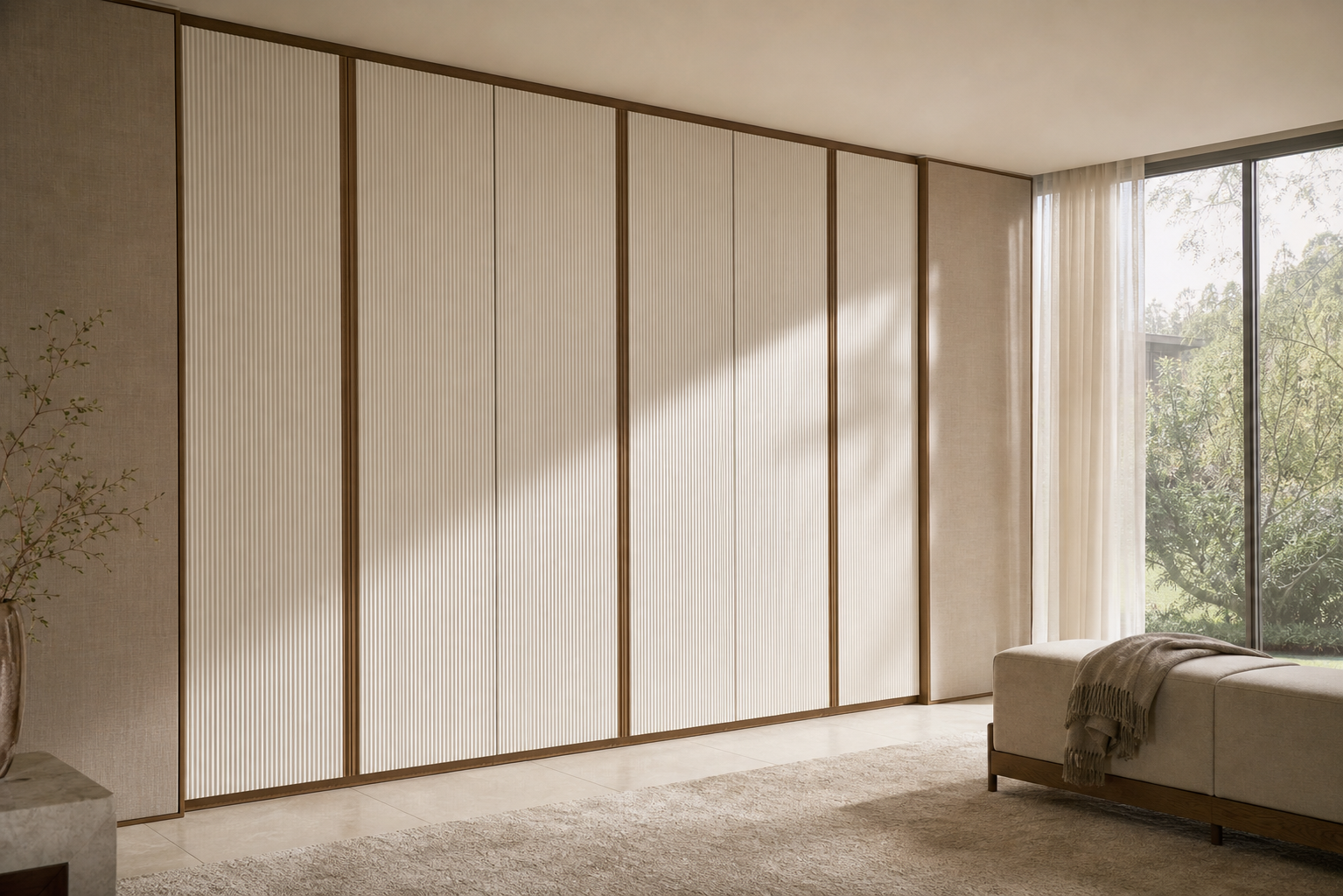 Fadior Voyage Wardrobe Suite with Pearl Ribbed Dressing Bay — lifestyle setting with natural light and residential styling