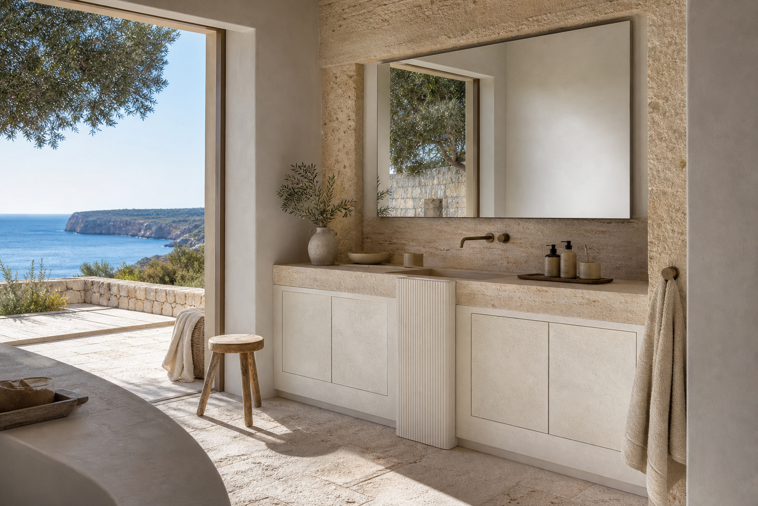 Fadior Verve Bath and Vanity Suite with Whitewashed Basin Pilaster — lifestyle setting with natural light and residential