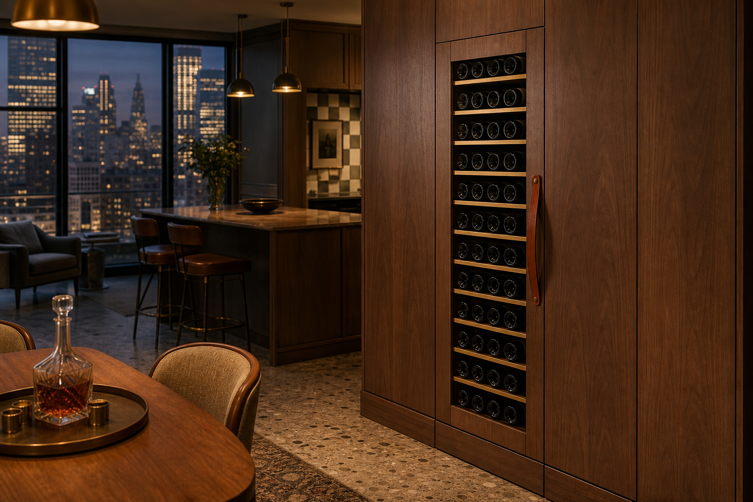Fadior Gloria Wine Cabinet Suite with Quiet Brass Bottle Spine — lifestyle setting with natural light and residential styling