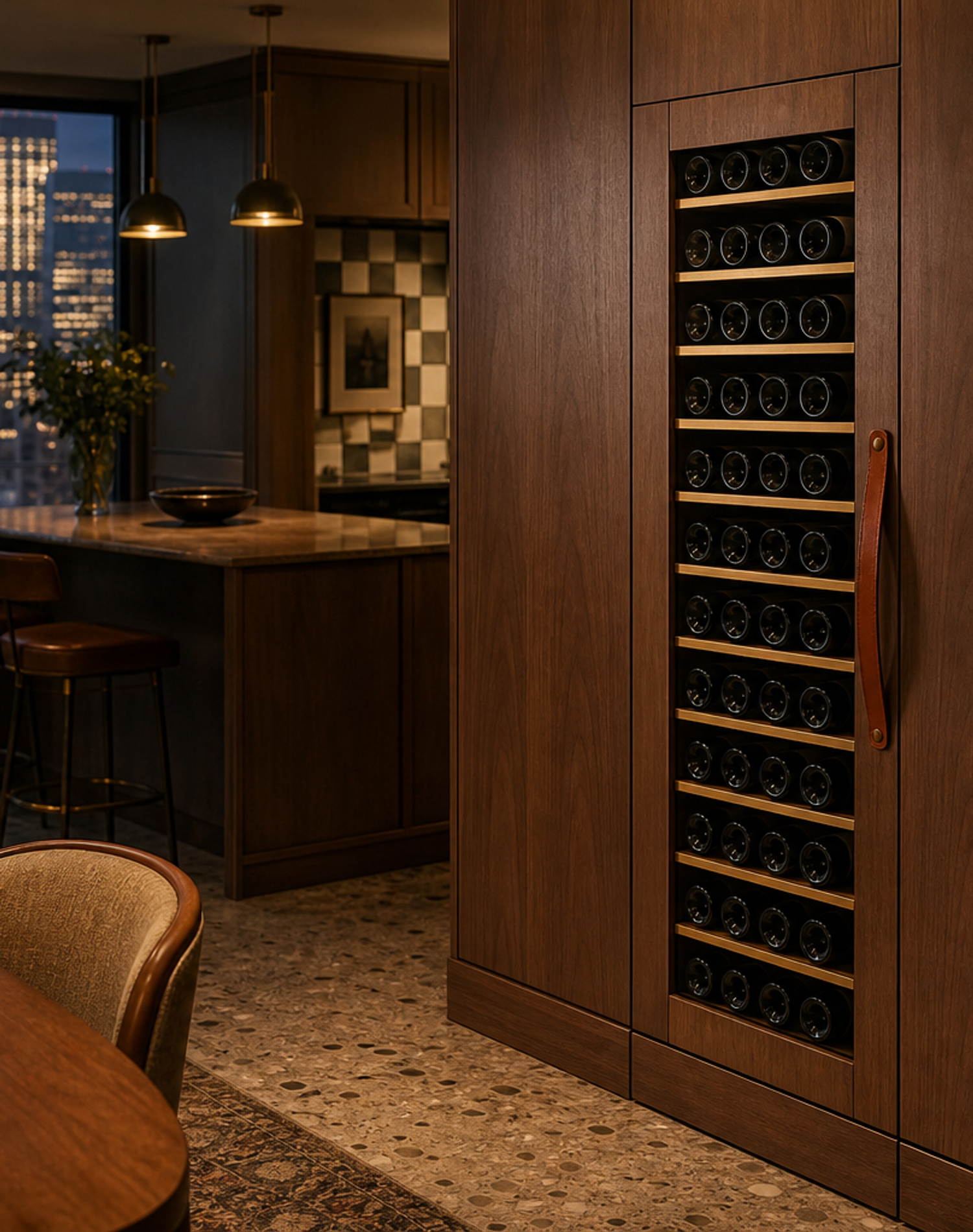 Fadior Gloria Wine Cabinet Suite with Quiet Brass Bottle Spine — lifestyle setting with natural light and residential styling