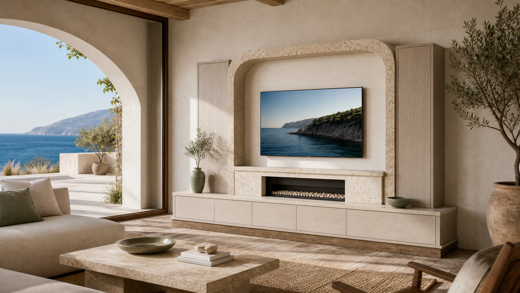 Fadior Zenith Living Room Suite with Arched Limestone Hearth Console — lifestyle setting with natural light and residential