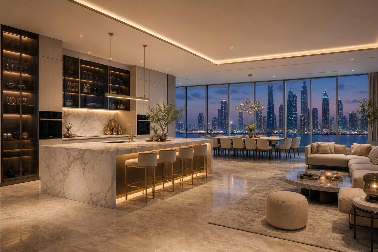 Fadior Dubai 280 sqm Kitchen Penthouse — Dubai open-plan living room with kitchen island, dining table, sofa,