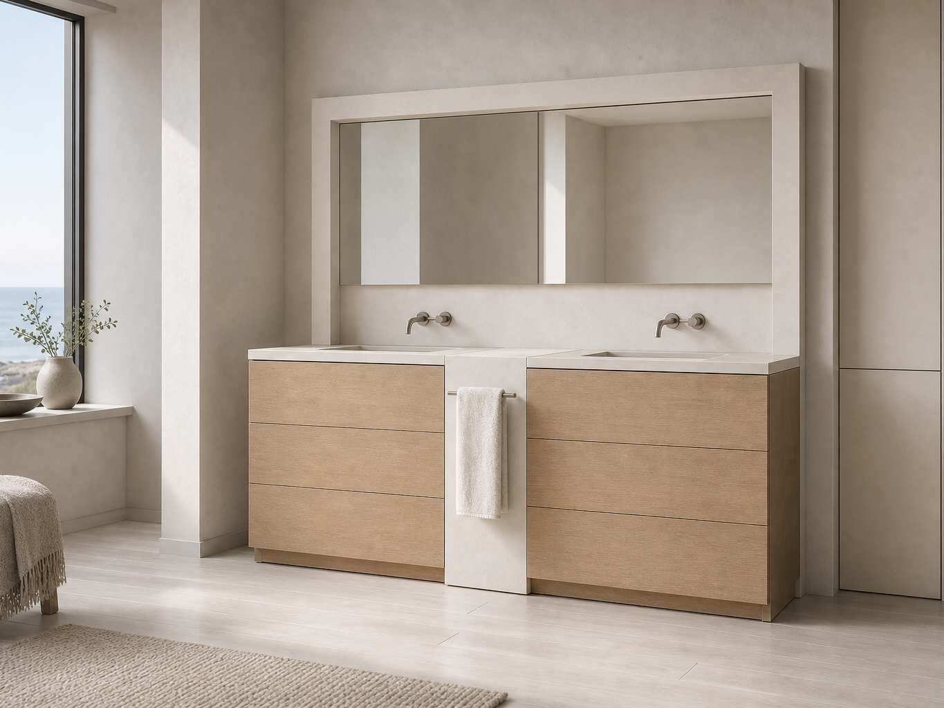 Fadior Nacre Bath and Vanity Suite with Chalk Ceramic Towel Pier — interior room context showing cabinet integration