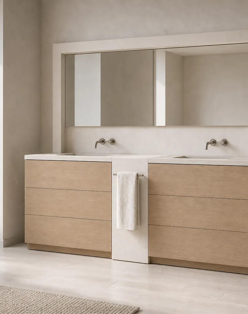 Fadior Nacre Bath and Vanity Suite with Chalk Ceramic Towel Pier — interior room context showing cabinet integration