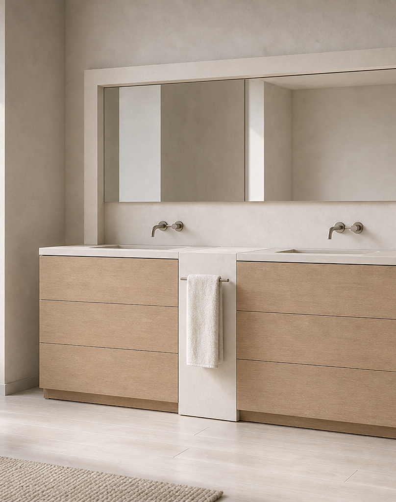 Fadior Nacre Bath and Vanity Suite with Chalk Ceramic Towel Pier — interior room context showing cabinet integration