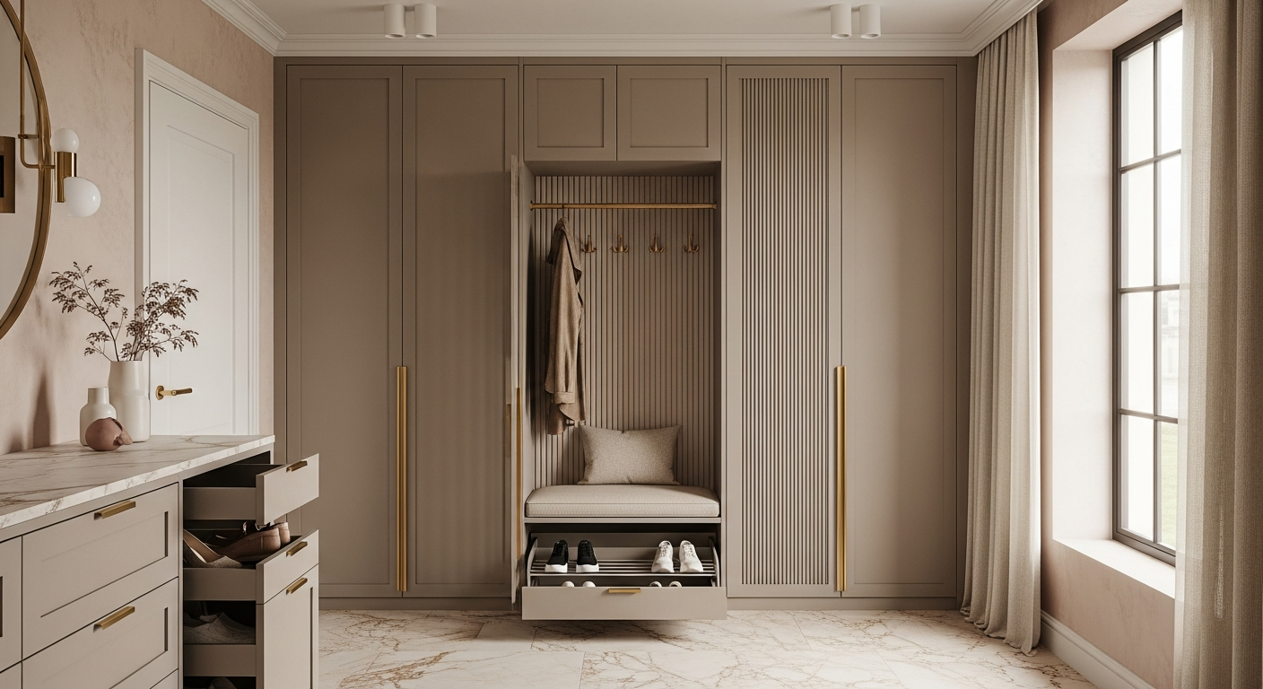 Fadior Archetype Entryway Shoe Cabinet — lifestyle setting with natural light and residential styling