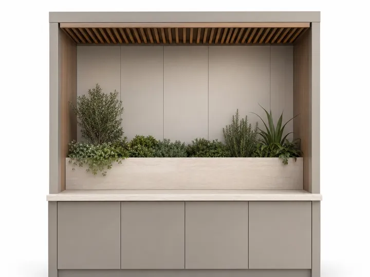 Fadior Cannes Balcony Module with Limestone Planter Berth — 304 stainless steel balcony system, front view