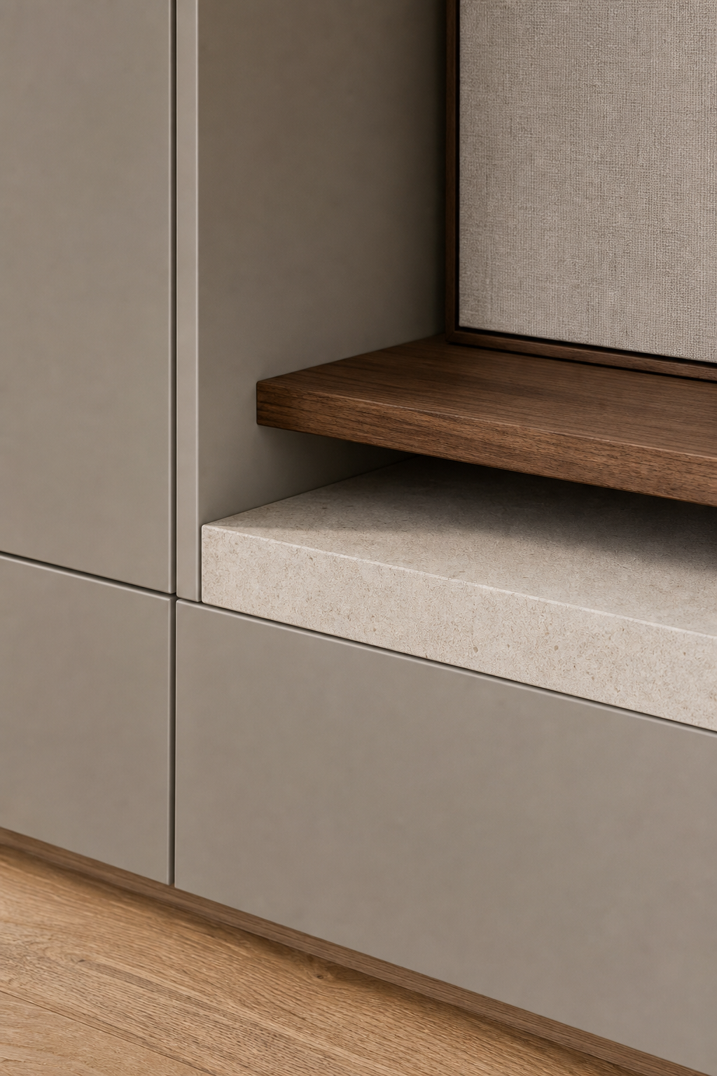 Fadior Silvan Living Room Suite with Layered Art Console Bay — close-up of stainless steel finish and hardware detail