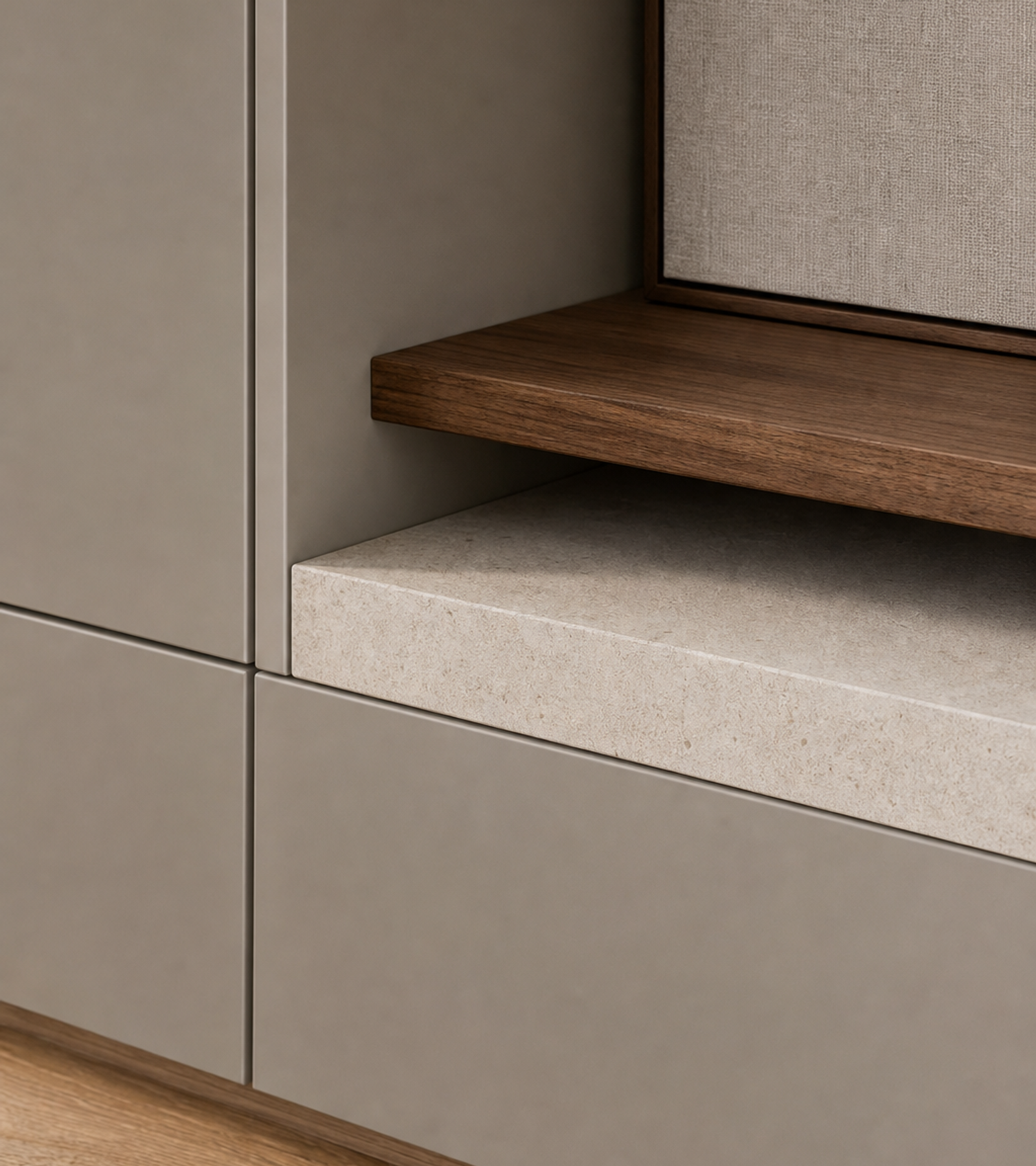 Fadior Silvan Living Room Suite with Layered Art Console Bay — close-up of stainless steel finish and hardware detail