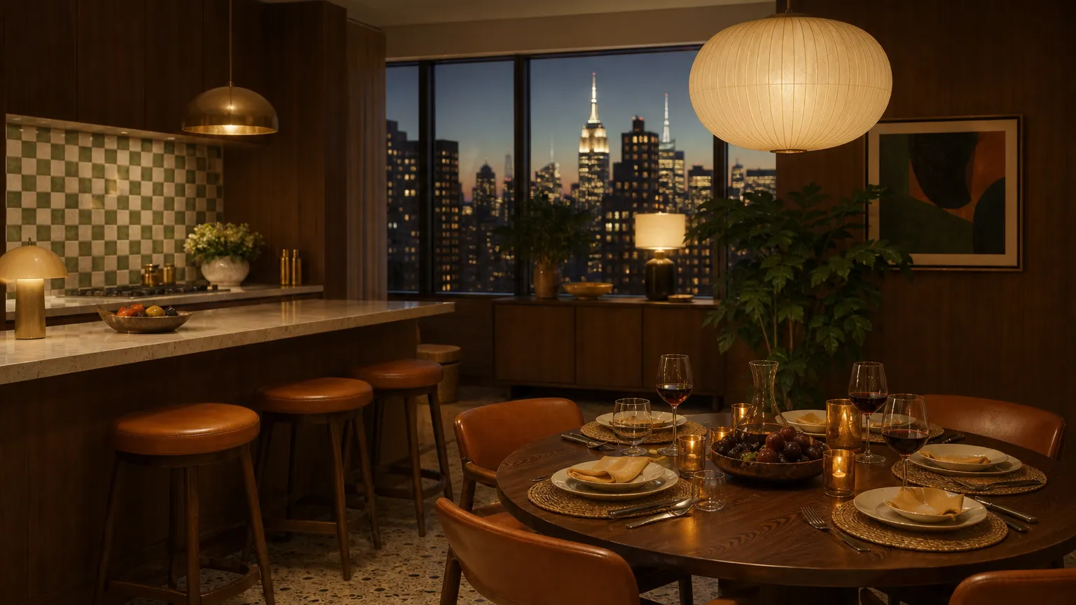 Manhattan kitchen atmosphere with warm brown panels and golden accents for fixture value decisions.
