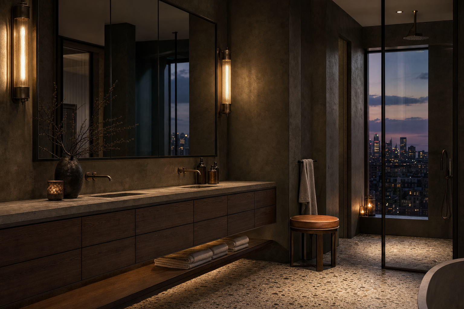 Fadior London 200 sqm Kitchen Bath Penthouse — bath vanity, mirror, towel shelf, shower glass, city window