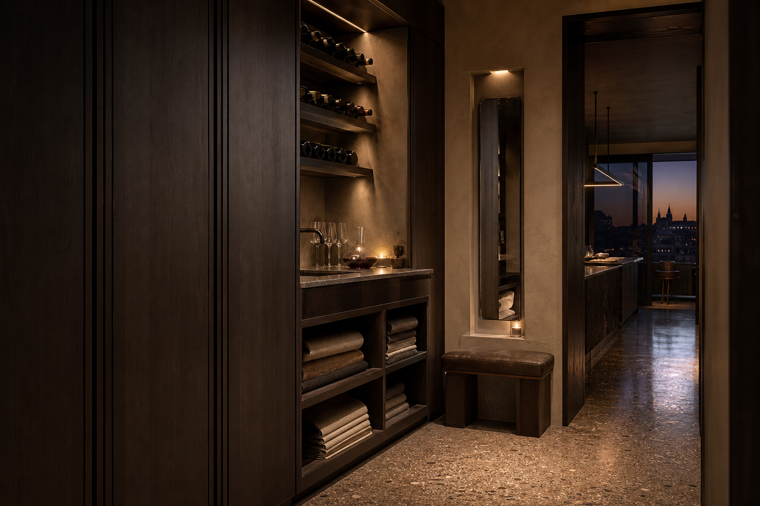 Fadior Siena Skyline Penthouse — Siena wardrobe and wine threshold with tall cabinets, open bottle shelves, service counter,