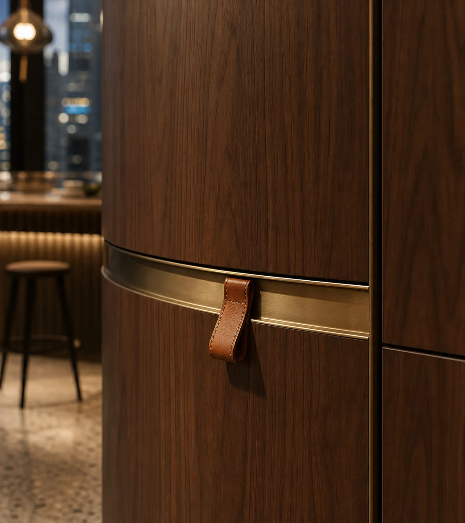 Suite de Armario Radiance con Nicho de Vestidor Curvo en Nogal acabado y detalle
